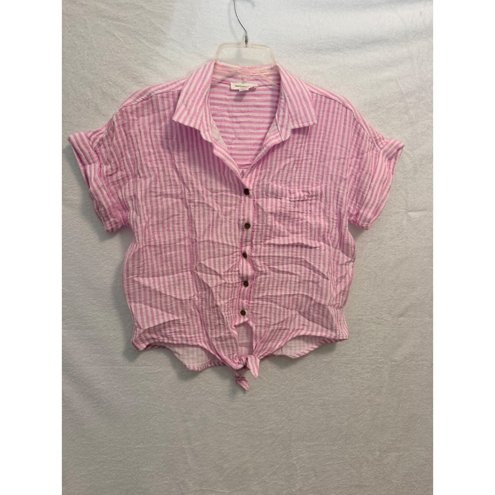 Beachlunchlounge Pink White Striped Cotton Gauze Tie Front Button Down Shirt S